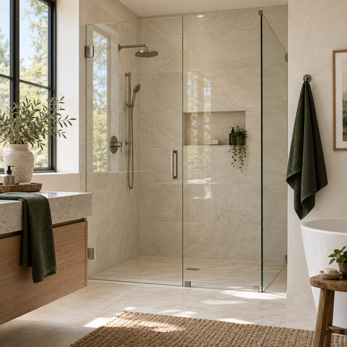Illustrative shower enclosure concept with clear glass, light tile and dark hardware.