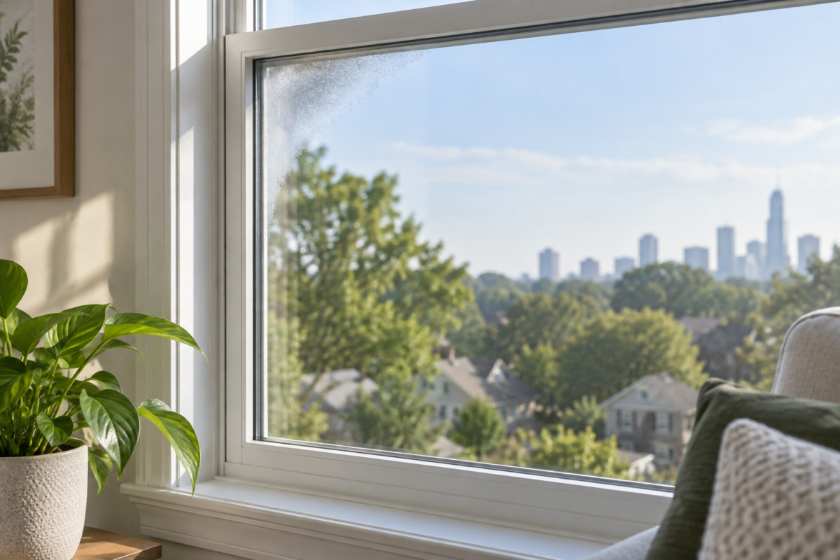 Double-pane window with a subtle hazy area between panes; illustrative concept, not an actual Lumira Glass project.