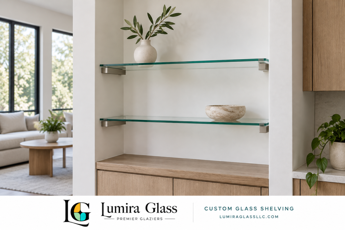 Illustrative clear glass shelves with discreet metal brackets and Lumira Glass branding; not a completed customer installation.