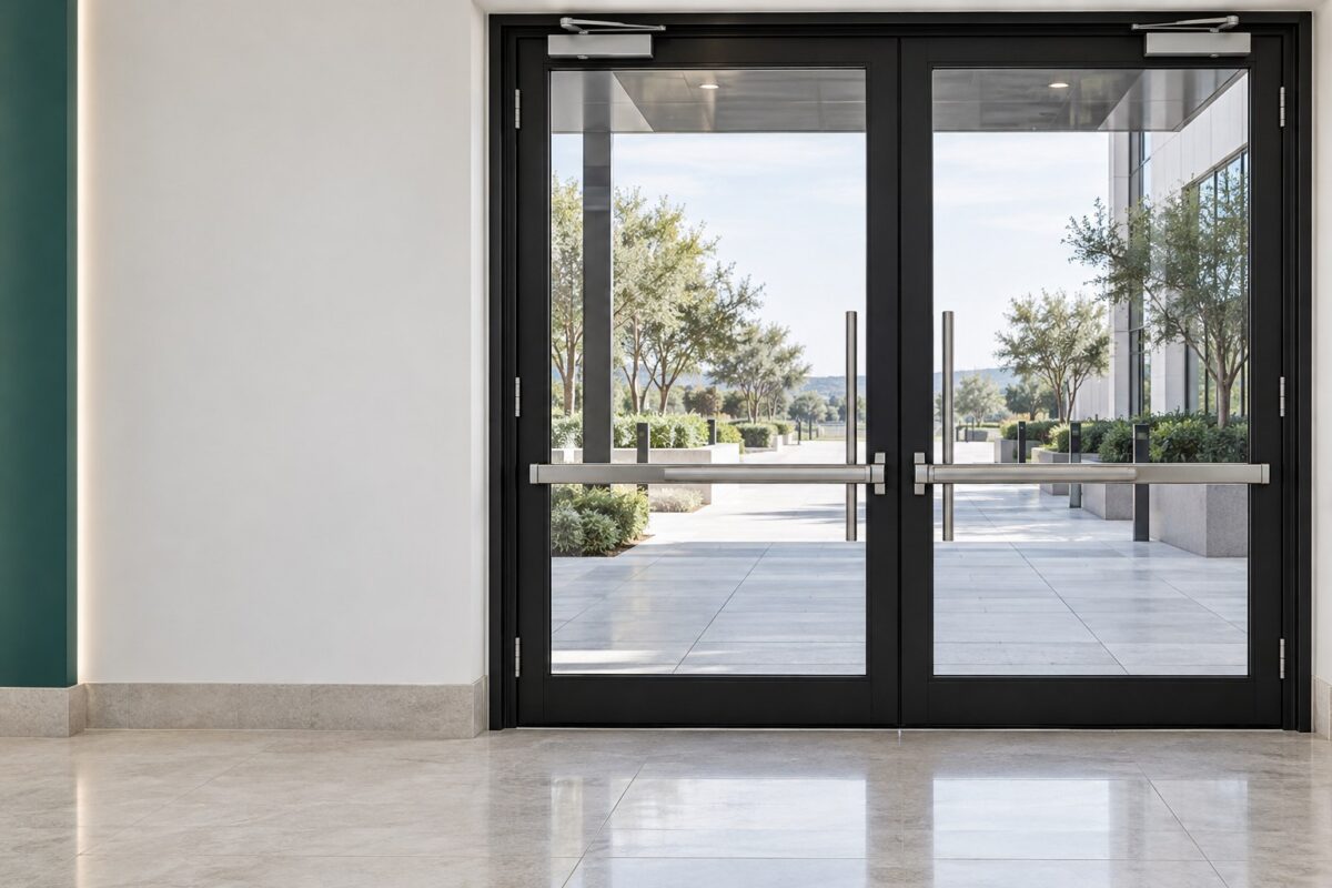 Illustrative framed double-glass commercial entrance; not a completed Lumira project.