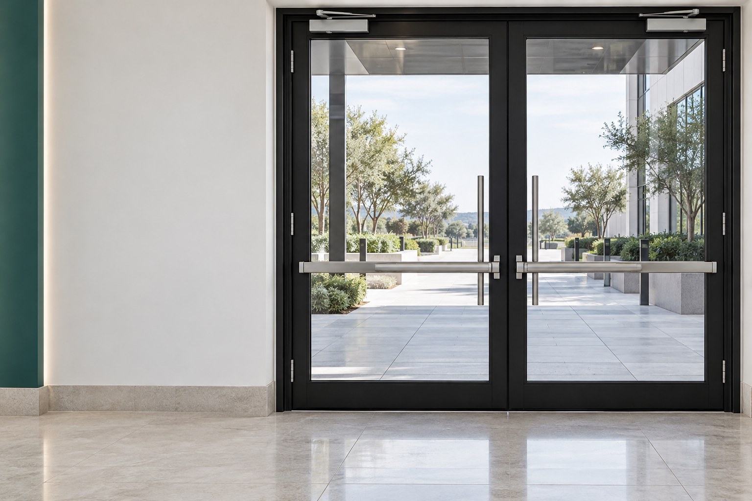 Illustrative framed double-glass commercial entrance; not a completed Lumira project.