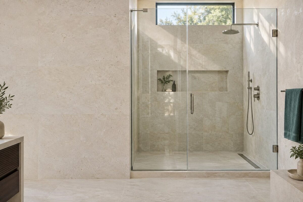 Illustrative clear-glass shower enclosure in a neutral stone bathroom; not a completed Lumira project.