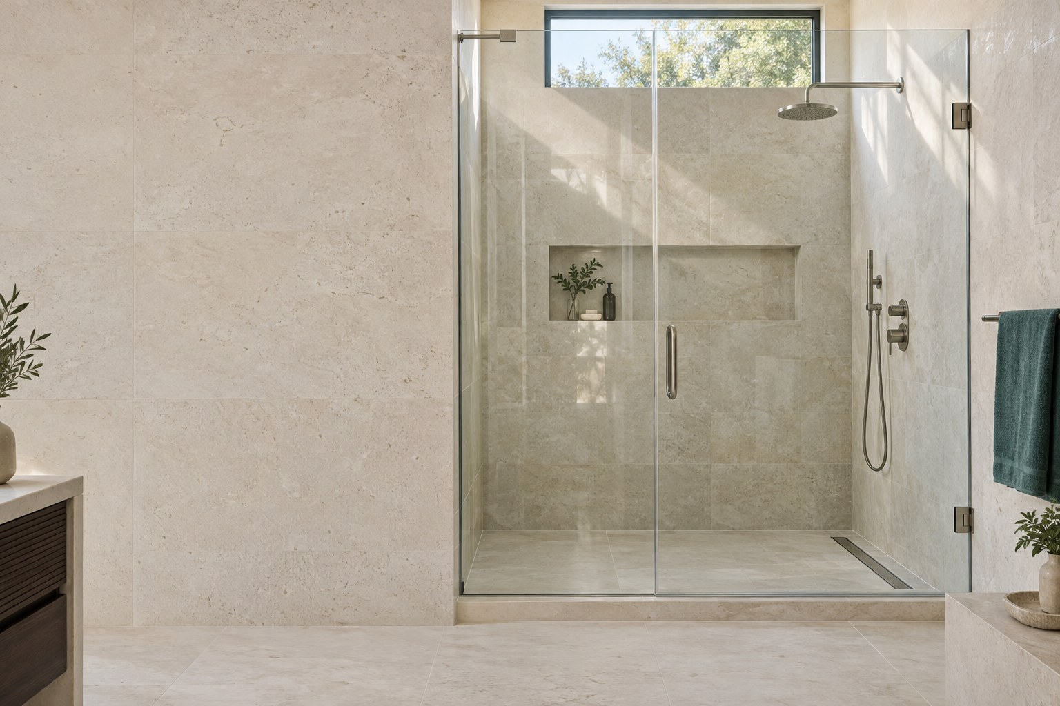Illustrative clear-glass shower enclosure in a neutral stone bathroom; not a completed Lumira project.