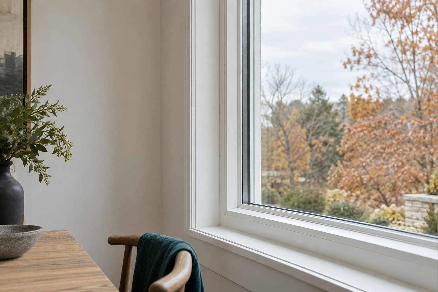 Illustrative autumn interior showing a window and frame; not a diagnosed customer opening.