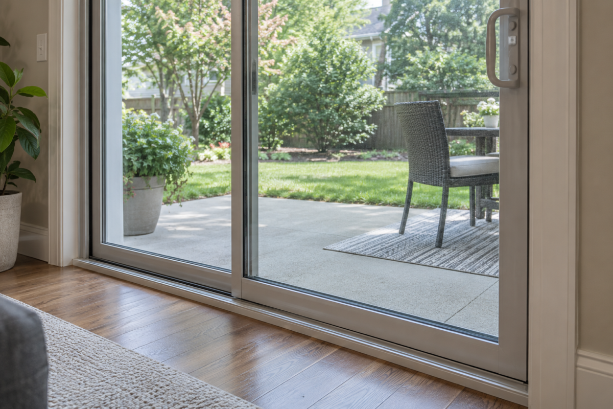 Illustrative sliding patio door and lower track in a home; not a completed Lumira Glass customer project.